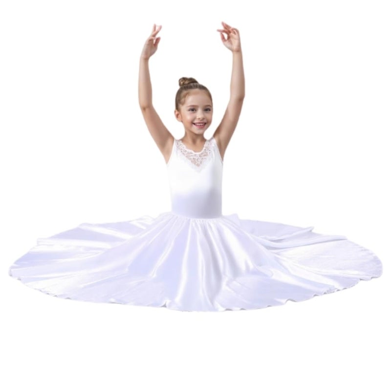 Sancan Girls Belly Latin Dance Skirt - Elastic Waist Ankle Length Full Flowy Circle Dancewear for Dance Practice Training (US, Age, 8 Years, 12 Years, White) - Image 2